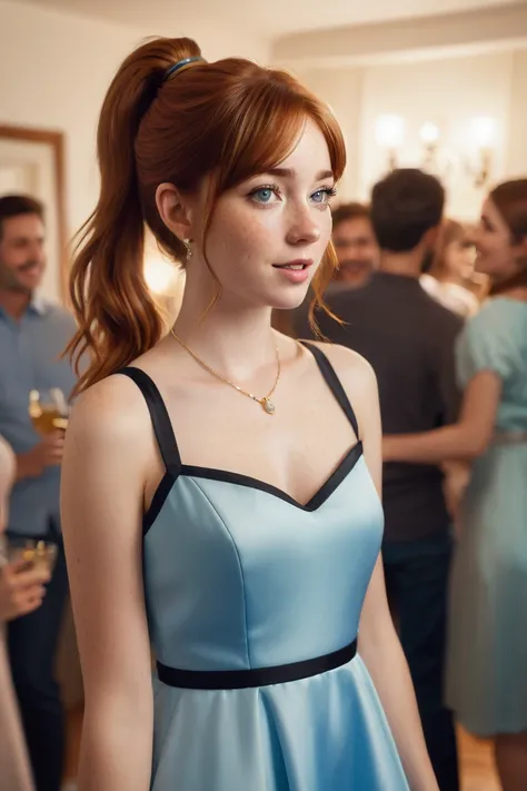 Hyper-realistic. Distant shot. 23 year old female with auburn hair in a ponytail and cute candid expression, wearing a blue A-lined dress with black trim, stands in a casual pose at a house party, talking to party goers. Soft focus. Warm golden tones with ...