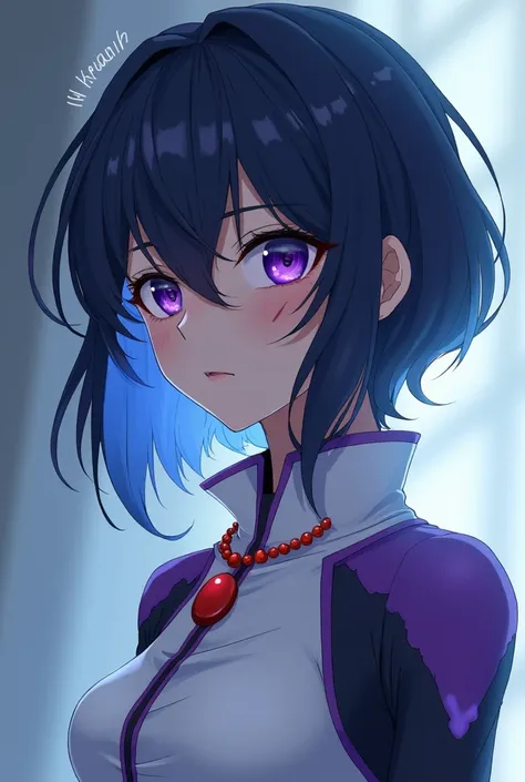 But with all the dark blue hair and on the right side shorter purple and on the right side a purple and shorter side with a light blue glow with some scars on the nose and one on the cheek and a red pearl necklace with a white harori suit with touches of d...