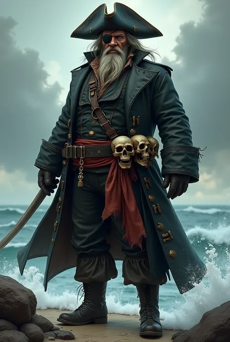  A character wearing a pirate hat and a gabardine and a belt of skulls on it, that has a patch on one eye and black boots 