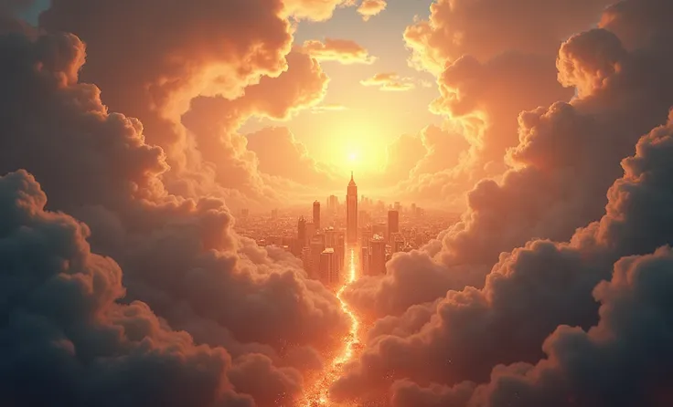 A symbolic scene showing the heavens parting, revealing a glowing, new kingdom. The image should show a vibrant, heavenly city in the clouds with a peaceful aura, contrasting the destruction below. The old world fades in the background as a new era begins.