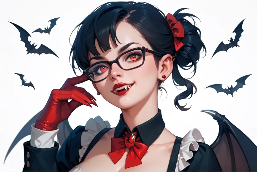  1 girl, black hair, Glasses,vampire,Bat Wing