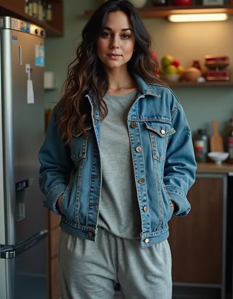 Super real photo,Long shot, woman (44 year old), ( long black coffee hair  ), (moderately curvy figure), ( refrigerator of short stature),  woman in a denim jacket and grey sweatpants, cute  casual streetwear ,  acid wash layering , wear a denim jacket,  i...