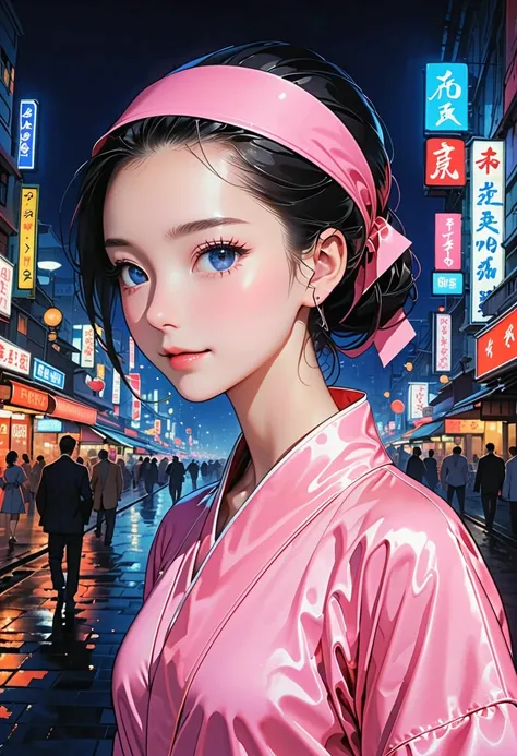 ((Neon city at night:1.5))、((back view:1.5,  full body:1.5, (slant eyes:1.5))), ((Japanese ren:1.5))、 best quality, masterpiece,  ultra high resolution, Realistic,  RAW Photos,  intricate detail, Portraiture,　 beautiful dark eyes :1.5,  small face:1.5、Baby...