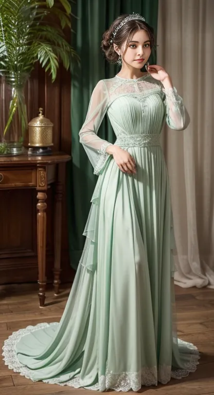 ((high-quality work)), the lines are clear and concise, the green dress and the beautiful pleated lace complement each other, wh...