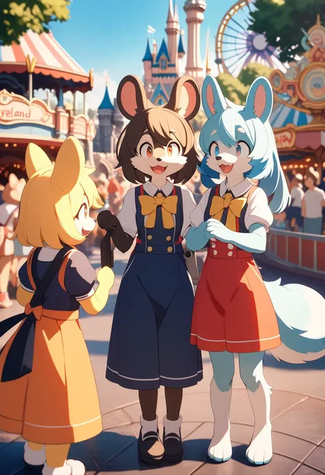 top quality, best quality, High-quality illustrations, masterpiece, super high resolution, detailed background, detailed background, An amusement park, Disneyland, boys, girls, Happy, joyful, absurdres, perfect anatomy(Photos taken with friends)(kemono, fu...