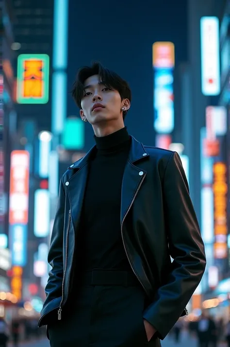 BTS 정정국 stands in Tokyo City at night, wearing a black turtleneck, black pants, and a leather jacket