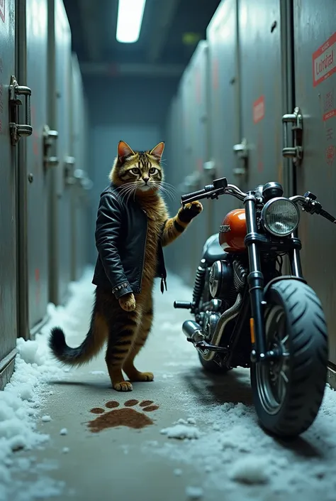 a biker cat finding a dog footprint inside a large freezer