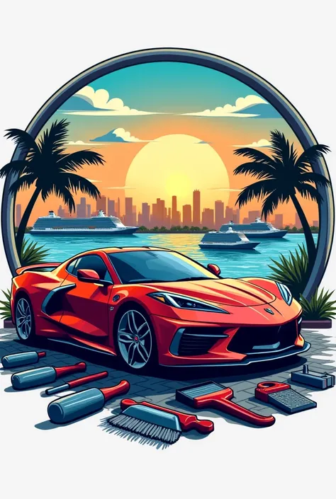 Logo for card wash 
Ensima car of all paint colors
Above car wash tools and in the background a sunset in downtown Miami
Cruises passing by the beach