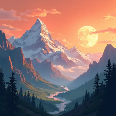 A LANDSCAPE WITH MOUNTAINS , AND AN ORANGE ANIME-STYLE SKY WITH A MOON 