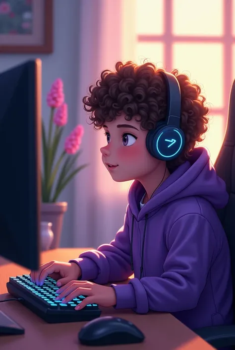 A boy playing video games on his PC during spring wearing purple hoode and headphones curl  hair