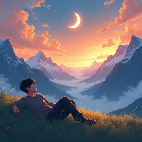 A LANDSCAPE WITH MOUNTAINS , AND AN ORANGE ANIME-STYLE SKY WITH A MOON. With a man lying on the grass