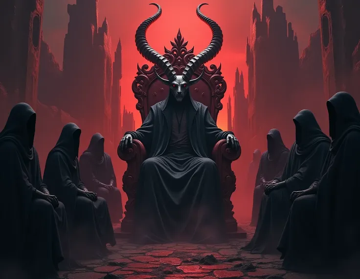 (detailed) Satan, goathead cult king sitting on throne sorrounded by cloaked men, hell kingdom, 