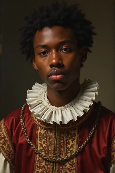 A black man in his twenties wearing renasence clothes with fiar skin and full lips. The picture must look like a old painting painted inthe 1400