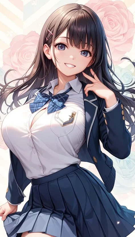 (Superb masterpiece quality,  Hi-Res,  detailed background :1.25), (Alone, 1. High school girl:1.5), High School Uniform, At school, (nice,  boyish :1.25), (Big Breasts:1.35),  Viewers, smile