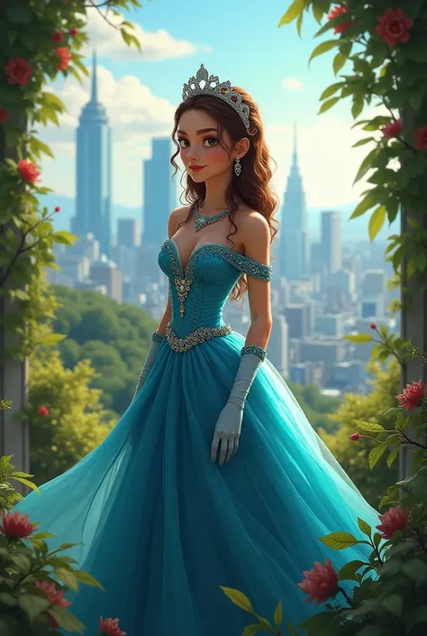  Create a princess that represents the state of São Paulo,She wears a beautiful blue dress ,delicate headband and gloves  