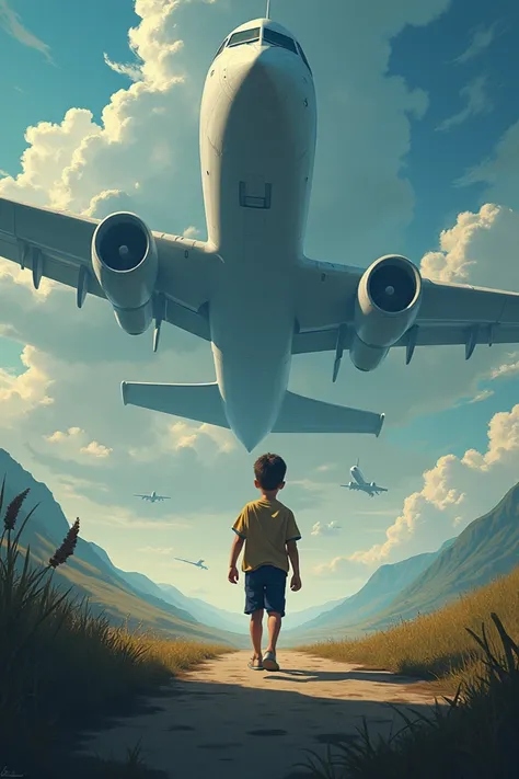 I would like two images of a boy who at first was afraid of airplanes, but over the years and despite adversities, he manages to overcome his fears and continues his life full of wisdom. 