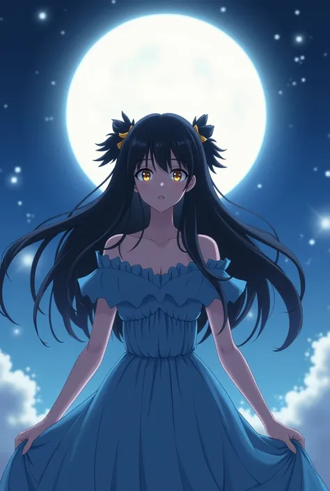  Screenshot of BNHA anime beautiful woman with jet black hair with golden highlights at the ends tied to two half-disheveled bows, golden-eyed, dressed in a blue dress,  standing in front of a big, bright moon .  The night sky is full of stars and clouds ....