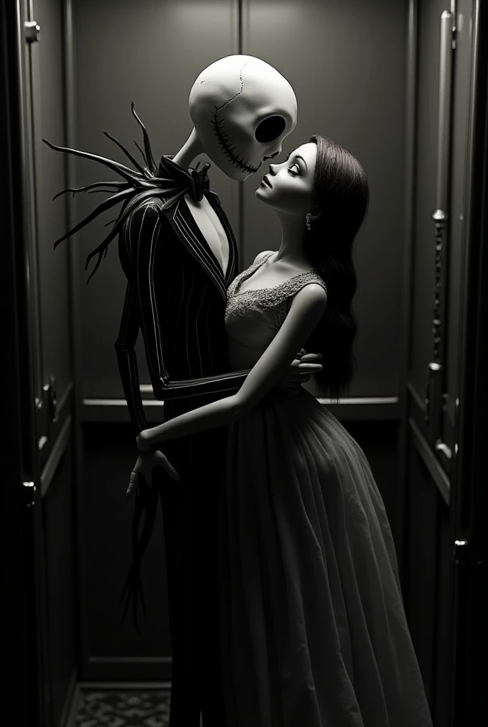 Jack Skellington and Sally kissing inside an elevator like Romeo and Juliet scene. Sally is wearing wings