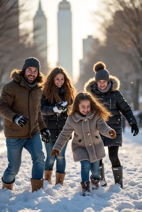  une photographie réaliste dun groupe de personnes ,  Two men, One blond and one with brown hair  ,   two women with long wavy brown hair  ,  and a girl with long wavy brown hair  ,   playing in a snowball fight in Brooklyn Bridge Park in winter, Very deta...