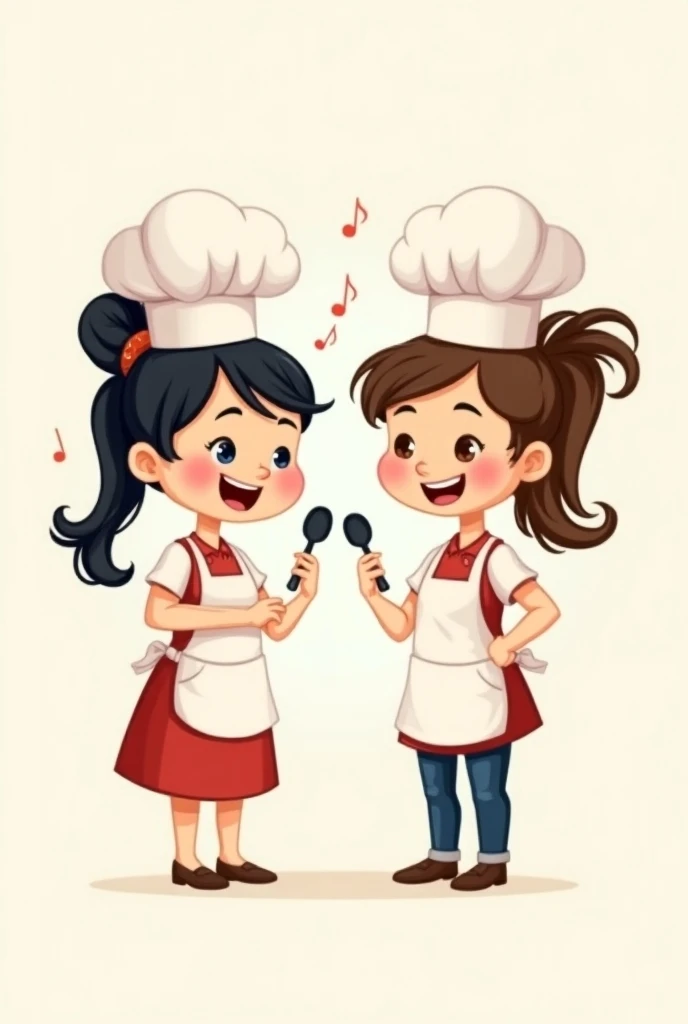 Create a logo with two sisters dressed as cooks with their hair tied together, one with black hair and the other with brown hair wearing chefs hats, each with a spoon in their hand in a cartoon style.