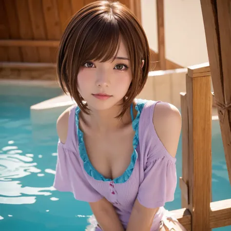  1 girl, Minato Aqua(Hololive member)、 sex、Creampie、 with short brown hair on the front、Teary-eyed、Cowgirl、