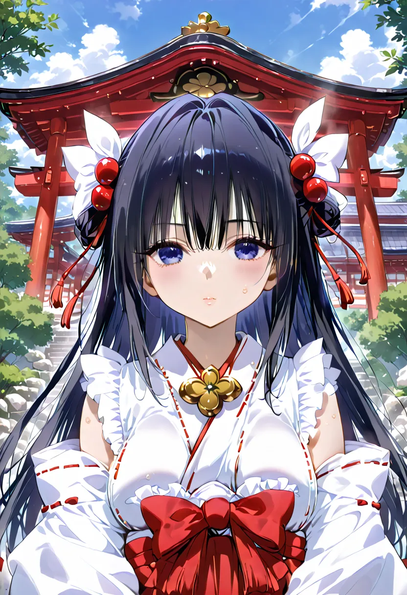 best quality, masterpieceultra hd, 8k，((japanese shrine maiden clothing))， simple village girl、black hair，青 eyes，shortcuts, best...