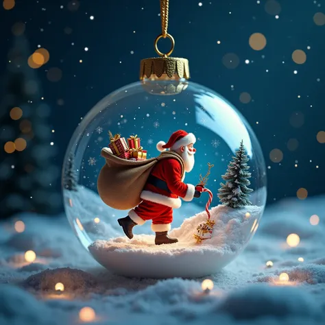 one Christmas night　Clear Round Christmas Tree Ornament Up 、 Through those ornaments, you can see Santa Claus handing out presents to ren around the world from now on　8K Photo　3D Lander 　It makes you feel warm 