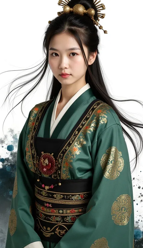  a girl, heroin, elegant, splattered ink, Chinese armor, ( upper body ),  black hair , floating hair, delicate eyes, Black and green antique damask hanfu, Field of view, (F1.8), ( masterpiece), (portrait), toma frontal, white background, ( Movie Poster), A...