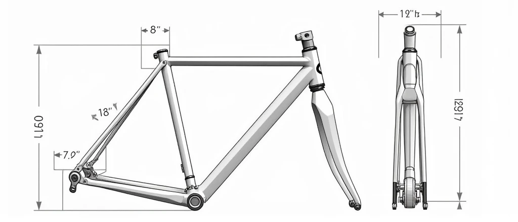 Give me the orthogonal design of the Caiçara Aro 26 bicycle frame showing all sizes and measurements