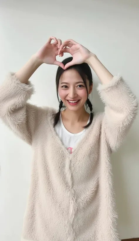 Only one woman with a cute smile wears cute, fluffy off-shoulder pajamas, makes a big heart shape with both hands, and poses them in front of her chest, View above collarbone、The background is a monotone 

