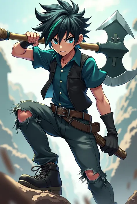  A teenage anime boy,  black hair with green threads, Dark blue shirt, black vest, ripped pants,  black shoes , uses an axe