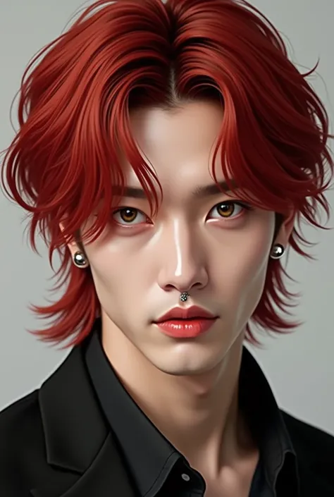 Create a red-haired jungkook, piercing na boca, shoulder length hair