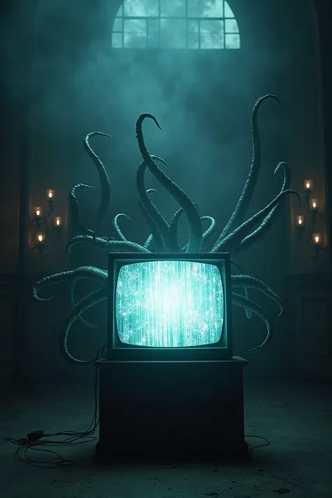 TV with static , front view. horror,  supernatural , 2005, epic scene, Horrific , spectral, Lots of tentacles coming out of the screen, cosmic horror, weird