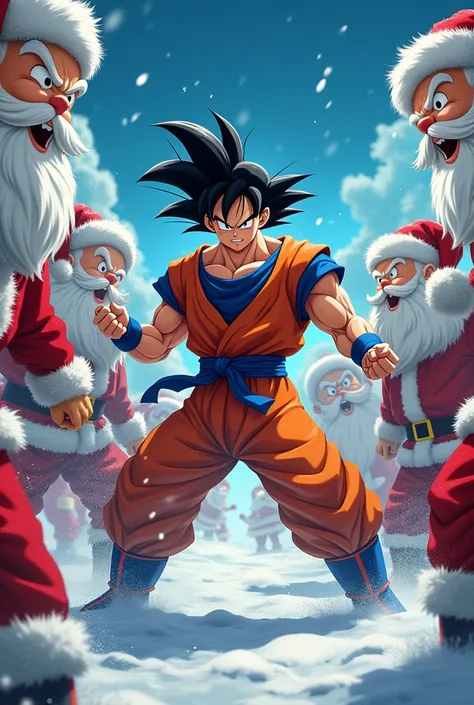 Goku fighting 6 Santa Claus at the same time