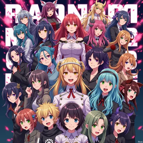 " A vibrant and chaotic art for Random Animeverse ,  with an explosive mix of anime elements , as demons, Angels, lolis,  fantasy characters with magical powers ,  mystical creatures and exaggerated expressions .  The background displays the name Random An...