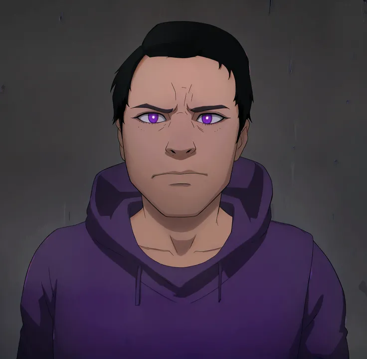 A young American man wearing a purple sweatshirt,  black hair , depressive (MICHAEL AFTON DE FNAF)