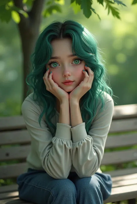 (photorealism:1.2), beautiful woman, sitting on a park bench, friendly green eyes with white pupils, turquoise and dark green hair, gentle smile, Supporting her face with your hand, 