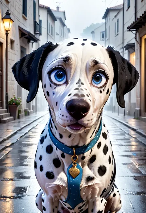 Keep the character : A Dalmatian dog, eyes,  with big expressive brown eyes , black ears,  wearing a blue vest .

cena:  On a quiet street shrouded in gloom ,  the Dalmatian suddenly stops ,  your brown eyes wide open and fixed on a woman in front of you. ...