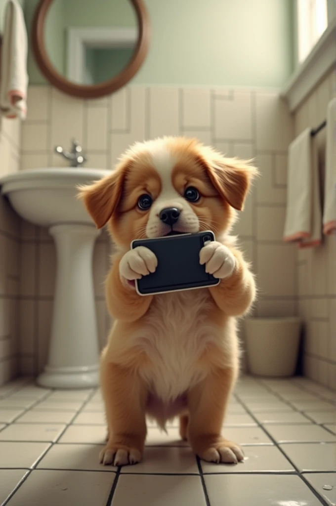 A puppy throwing a celfi in a bathroom