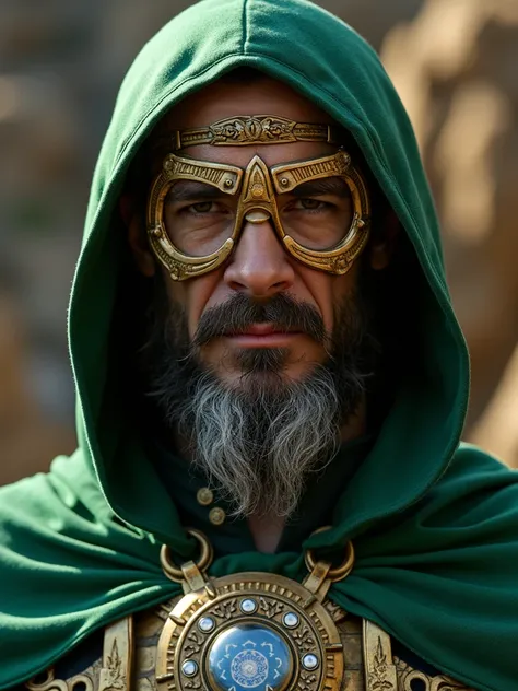 a close up of a man in a green hoodie, still from loki ( 2 0 2 1 ), MCU highly detailed vfx portrait of, doctor doom, highly detailed vfx portrait, cyborg dr doom in ornate armour, Doctor Doom from marvel, Robert Downey Jr., mysterio, with a green cloak, b...