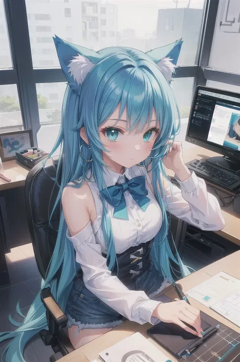 Create a vibrant anime-style illustration of a female character inspired by the uploaded image, with dark blue hair, teal highlights, and matching dark blue cat ears. She is seated at a modern desk in a light-filled, cozy home studio. The desk is covered w...