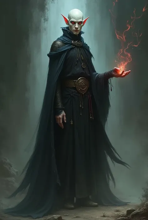  I want an illustration of a DnD character. A half-elf sorcerer man, pale skinned,  red eyes ,  medium height , simple clothes, with cover.