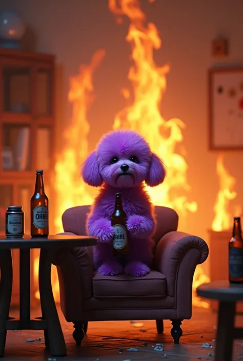 A purple-haired Bichon ,  with all purple hair sitting on a chair and a table drinking beer, The living room is all on fire he is calm  