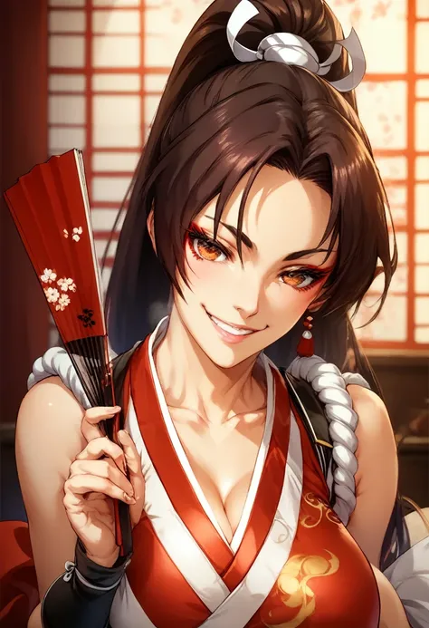 mai shiranui,  seductive pose , mischievous smile, Fan in the hands 