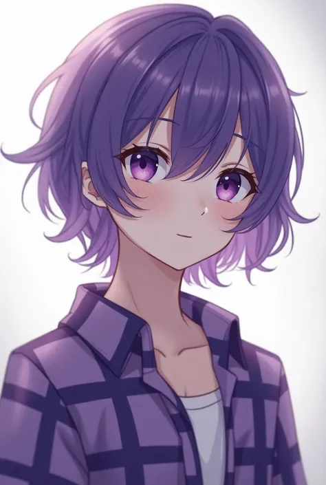 Purple Hair Anime Boy Wearing Purple Plaid Shirt