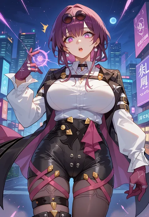 score_9, score_8_up, score_7_up, 1girl, solo, kfka, purple eyes, purple hair, bangs, sidelocks, eyewear on head, earrings, white shirt, collared shirt, long sleeves, black jacket, jacket on shoulders, harness, large breasts, purple gloves, black shorts, hi...