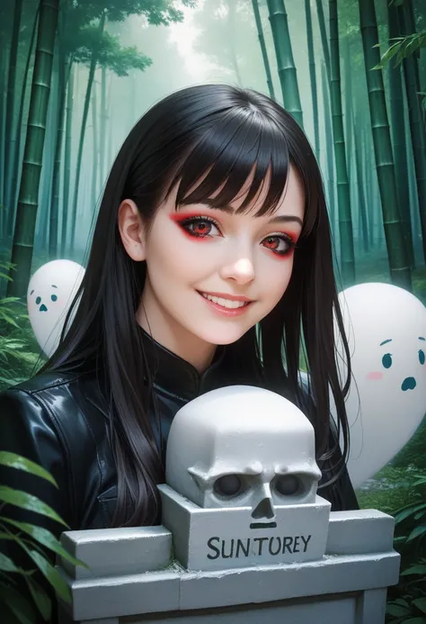 Beautiful anime girl， facial close-up ，Realistic thick coating ， Delicate rendering ，artistic conception，Clear，Gloomy atmosphere， Mainly red and black，Black Hair，Dissemination，Straight Hair，Smile， delicate facial features ， Exquisite makeup ， Indistinguish...