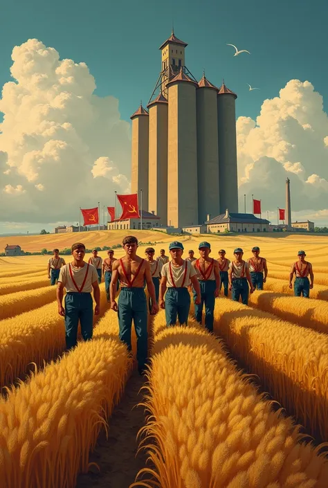 A farm from the USSR in 1920 in the style of propaganda paintings