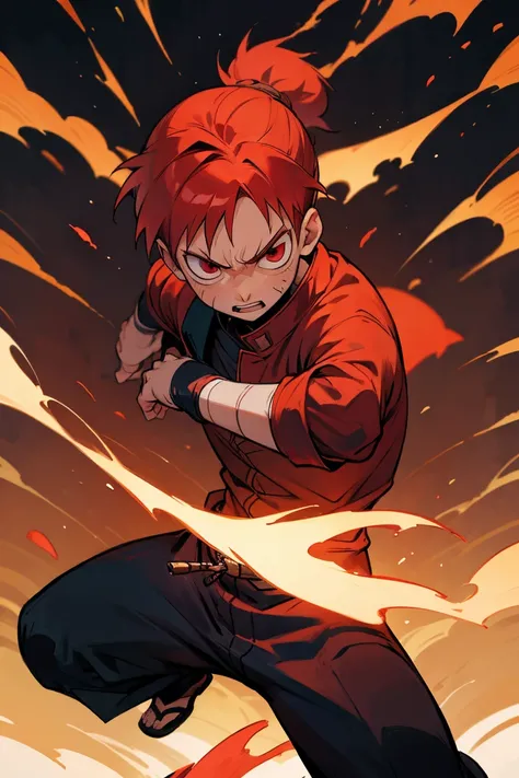 gaara from anime naruto withoput clothes, in a very agressive fighting scene, very strong