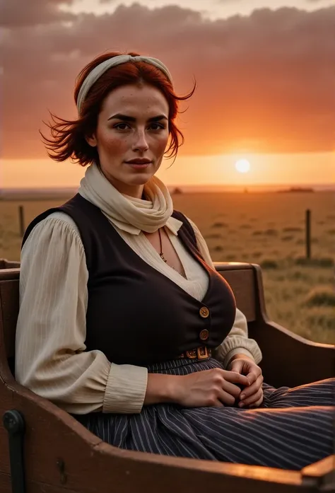 Photorealistic, cinematic style, a picture of a beautiful British woman as a 1800s pioneer woman. Shes sitting in a horse-pulled wagon, holding the reins in her hands. In the background a view of the american prairies. Red sunset. Windy. Shes got brown eye...